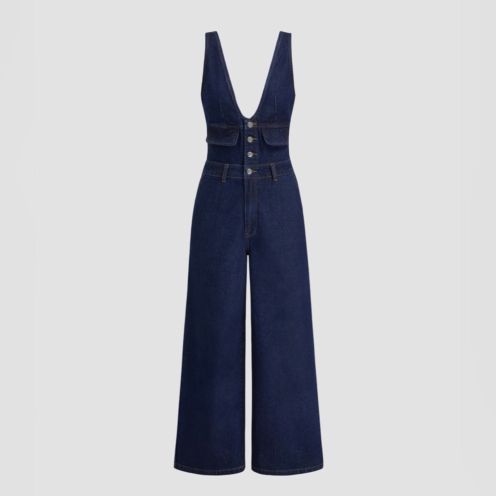 CIDER DENIM V-NECK BUTTON POCKET WIDE LEG JUMPSUIT